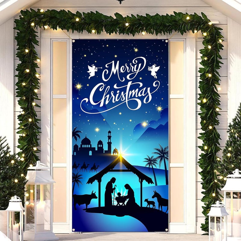 Cutechunfa Nativity Scene Christmas Door Cover for Front Door - Fabric Jesus Holy Night Religious Decor - Image 1